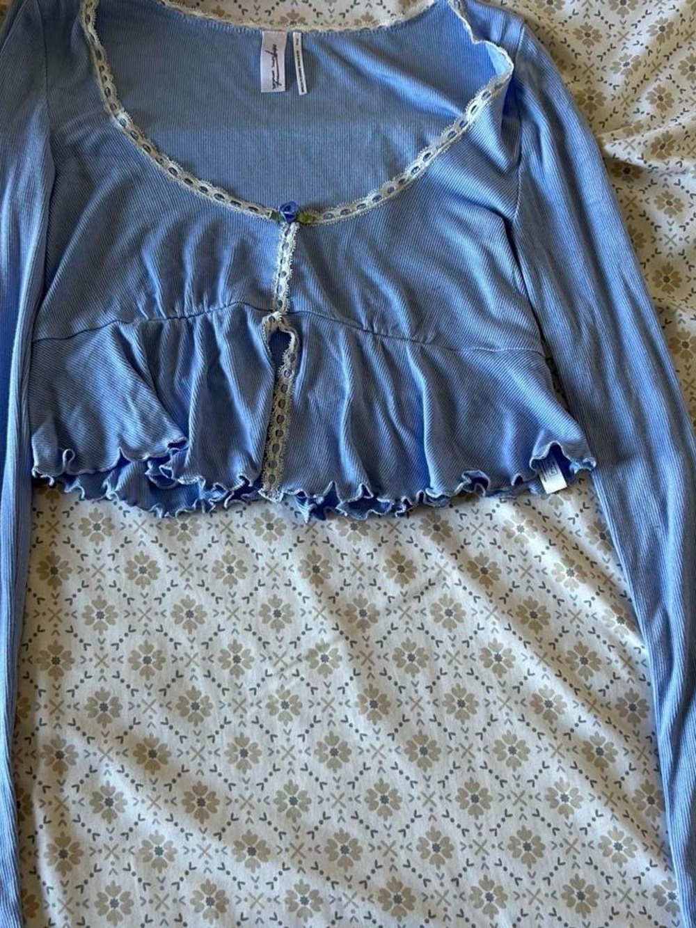 Urban Outfitters Light Blue Lace-Trim Ruffle Crop Top
